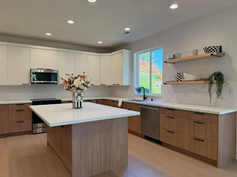 Completed kitchen or home project featuring Slim Simply White, Kanas Oak